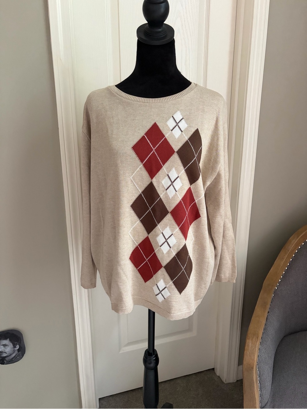 Beige Argyle Knit Sweater with Red and Brown Diamonds